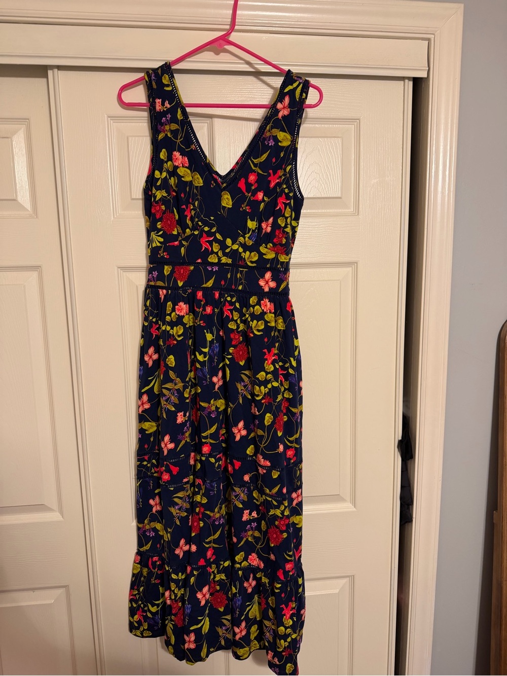 Lands' End women's Maxi dress navy floral Cotton Modal Embellished Trim